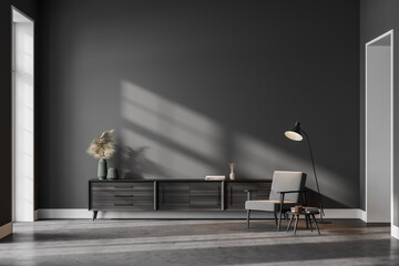 Grey living room interior with armchair, drawer and lamp, mockup