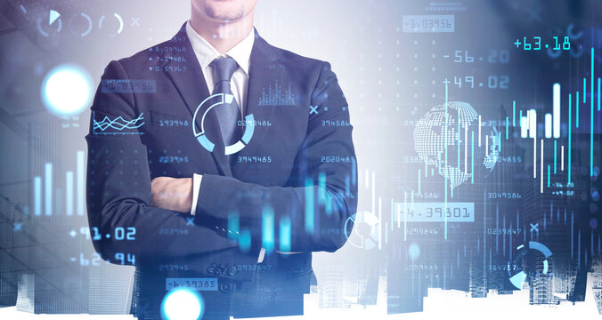 Businessman wearing formal suit in crossed arms and digital interface
