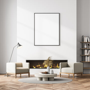 White room interior with fireplace, armchairs and lamp, mockup poster