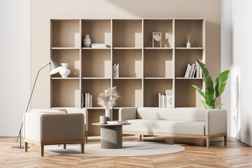 Bright contemporary living room interior with wooden bookshelf