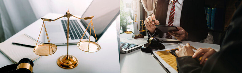 justice and law concept.Male judge in a courtroom on wooden table and Counselor or Male lawyer working in office. Legal law, advice and justice concept.