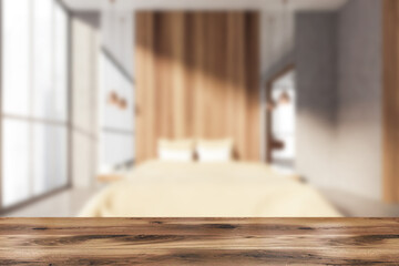 Grey and wooden bedroom interior blurred, mockup