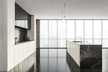 Grey and wooden kitchen interior with table and window, concrete floor