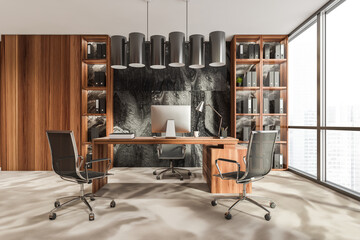 Business consulting room interior with furniture and windows