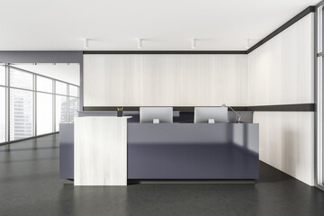 Grey and white wooden reception room interior with computers on marble floor