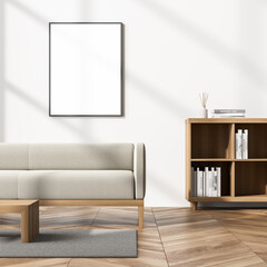 Bright cozy living room interior with beige sofa and poster