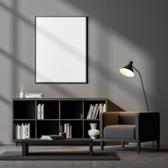Dark waiting room interior with black armchair and white poster