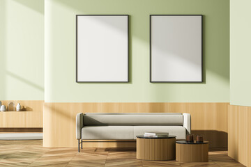 Living room interior with two white poster on green wall