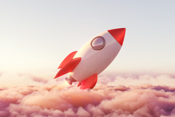 Launched rocket is rising above pink pastel clouds
