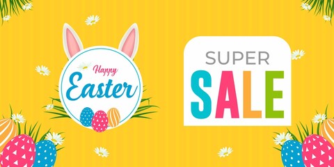 happy Easter poster and banner template with Easter eggs in the nest with ears and blue background.  Easter Day in flat lay styling.Promotion and sale template for Easter