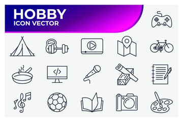 Set of hobby icon. Hobbies for children or people at home and outdoors. Sports, reading, drawing, music and singing, photo and video symbol template for graphic and web design collection logo vector