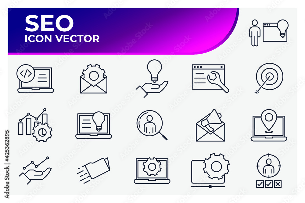 Poster set of seo icon. search engine optimization pack symbol template for graphic and web design collecti