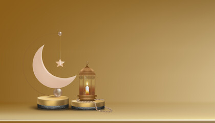 Islamic 3D Podium with pink gold Crescent moon, traditional islamic lantern, rosary beads, candle. Horizontal Islamic Banner for Product Showcase,Product presentation, Base,Ramadan Sales