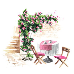 Summer cafe. Table and chairs near the rose bush, Watercolor hand drawn illustration, isolated on white background