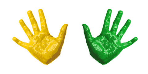 Hand kid print 3D, isolated white background. Color paint human hands. Silhouette of child, young people handprint. Stamp children fingers and palm shape. Abstract design texture Vector illustration