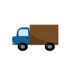 Blue truck with container for childrens illustration. Vector illustration isolated on white background. Drawing for use in prints, patterns, childrens clothing, advertisements and flyers, cards and