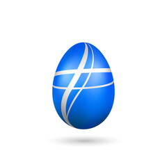 Easter egg 3D icon. Blue silver egg, isolated white background. Bright realistic design, decoration for Happy Easter celebration. Holiday element. Shiny pattern. Spring symbol. Vector illustration