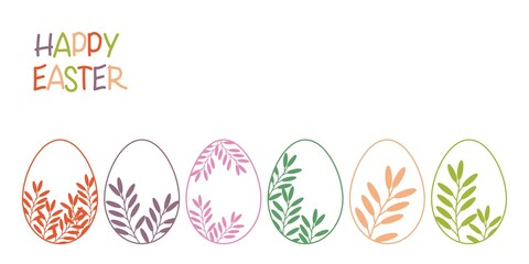 Happy easter banner with the contours of eggs with a pattern of plants in colored pastel. Vector illustration with space for text.
