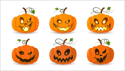 Halloween pumpkin icon set. Autumn symbol. 3D design. Halloween scary pumpkin face, smile, candle light, leaf. Orange squash silhouette isolated white background. Cartoon colorful Vector llustration