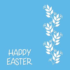 Happy easter greeting card with lettering and floral border pattern cut out of white paper on a light blue background. Vector illustration.