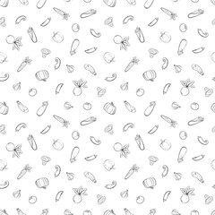 Fototapeta premium Hand drawn black and white vegetables seamless pattern in sketch style. Concept vector illustration for organic, bio, fresh food