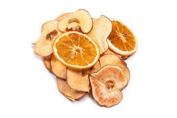 Dried fruit isolated on white background. Dried grapefruit, dried apple, dried pear.