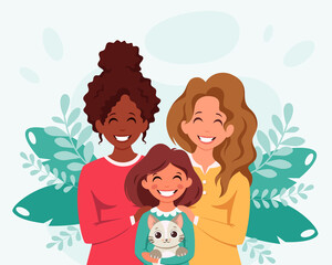 Lesbian family with daughter and cat.  LGBT family. Vector illustration in flat style.