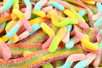 Assorted gummy candies. Top view. Jelly  sweets.