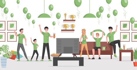 Happy smiling group of people in green t-shirts Watching match on TV vector flat illustration. Friends drinking beer and eating snacks at home party. Women and men spending time together.