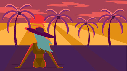 Happy summer. A girl sitting and watching the sunset On a beach at a sea. Vector illustration for content summer, people, happiness, holiday lifestyle, relaxation, sea, beach, evening weather. Enjoy 
