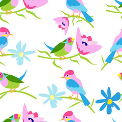 vector stock image on a white background. seamless pattern with colorful birds and flowers on a white background. pattern for printing on fabric, wrapping paper, postcards.