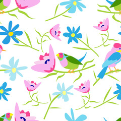 vector stock image on a white background. seamless pattern with colorful birds and flowers on a white background. pattern for printing on fabric, wrapping paper, postcards. blue flowers.
