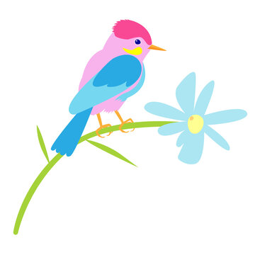 stock vector image on a white background. spring illustration with a bird and blue flower. a bird sits on a flower. summer illustration in the flat style. image for postcards and printing.