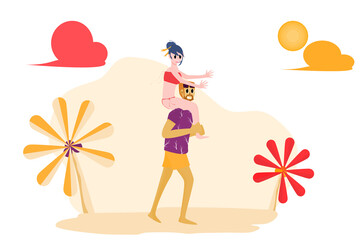Happy summer. A woman riding a man's back  Who happily romping on the beach, young men and women  Who are having fun playing on the beach together  Vector illustration for content summer, beach, happy