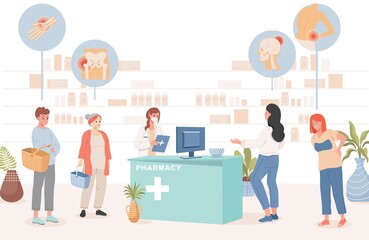 People in pharmacy buying pills from diseases vector flat illustration. Men and women with headaches, pain in the leg and lower back. People in drugstore feeling pain and choosing drugs from ache.