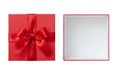 Open red gift box with lid cut out on white background, valentine present top view