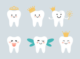 Tooth fairies with crowns and wings. Flat illustrations in kawaii style