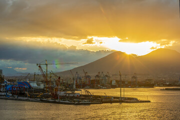 Sunrise on Mount Vesuvius, port of the Gulf of Naples, Italy