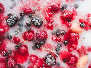 Homemade ice cream decorated with bright berries. Close-up, view from above. Tasty and healthy eating concept