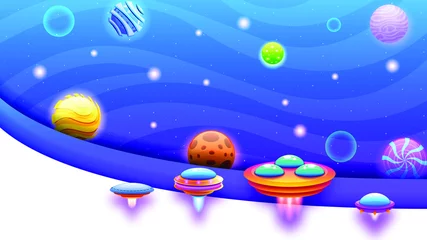 Fotobehang Abstract Aliens On Flying Saucers In Dark Space Planet Background Gradient Unidentified Flying Object Ufo Stars Vector Design Style © Дмитрий