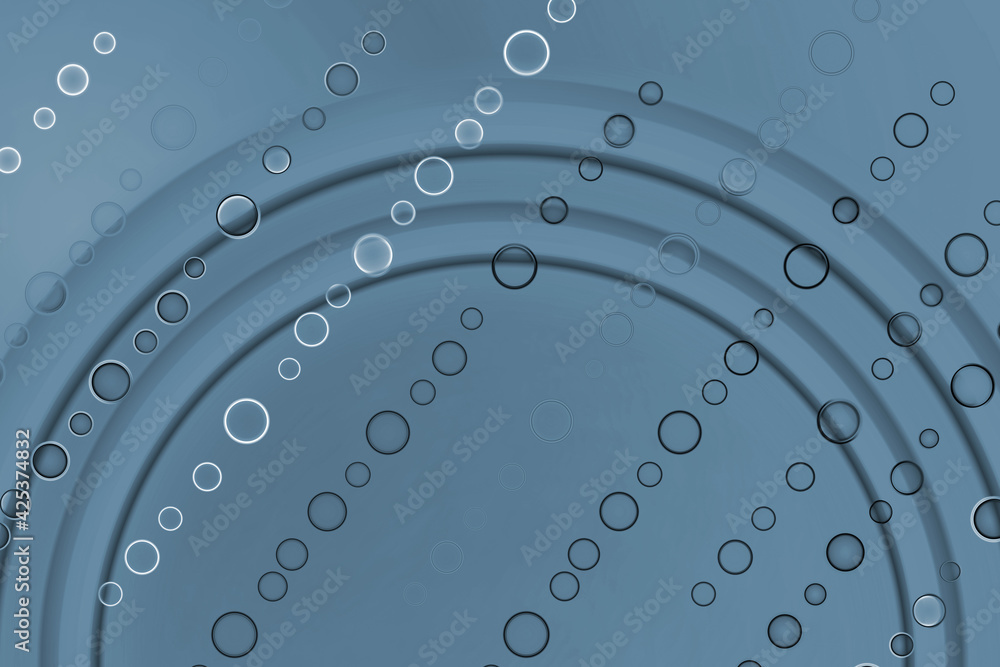 Poster parallel rows of small circles intersect volumetric arches. blue-gray abstract background with circl