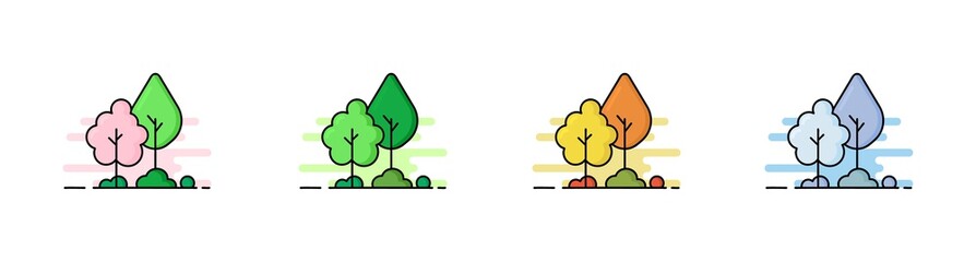Set of flat trees in different seasons. Bright icons of all seasons isolated on white. Autumn trees, spring trees, summer trees and winter trees illustrations.