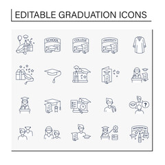Graduation line icons set. Personal growth, professional development. Graduation party, academic career and special uniform. Studying concept. Isolated vector illustrations.Editable stroke