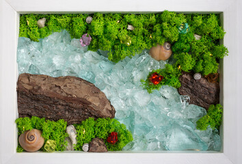 Eco picture design with stabilized moss, crystals and bark