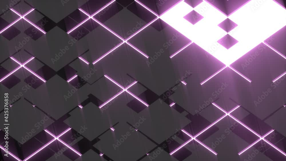 Poster square black plates move against the background of square lilac neons. seamless loop.