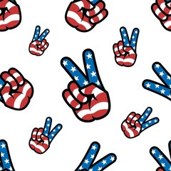 Peace sign. Gesture V victory or peace sign in the colors of the American flag, patriotic sign, seamless background