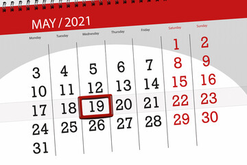 Calendar planner for the month may 2021, deadline day, 19, wednesday