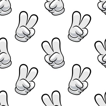 A sign of peace. Gesture V sign of victory or peace, the hand of a cartoon character in a glove with four fingers seamless background