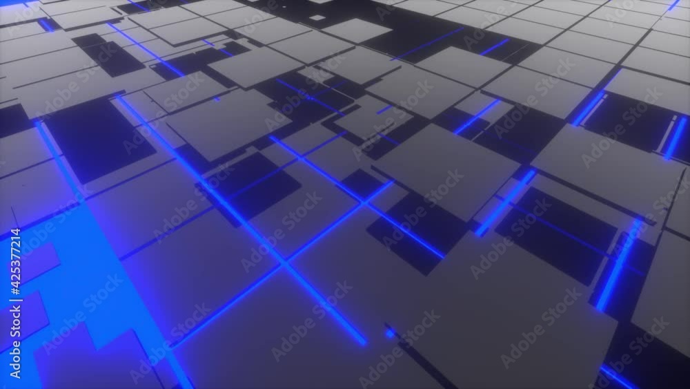 Poster endless blue neon and black squares move and rotate counterclockwise. broadcast panels. seamless loo
