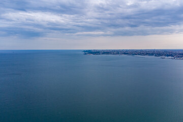 View of the city of Odessa, Luzanovka beach, Black Sea and Kuyalnitsky estuary. Photo from a helicopter.